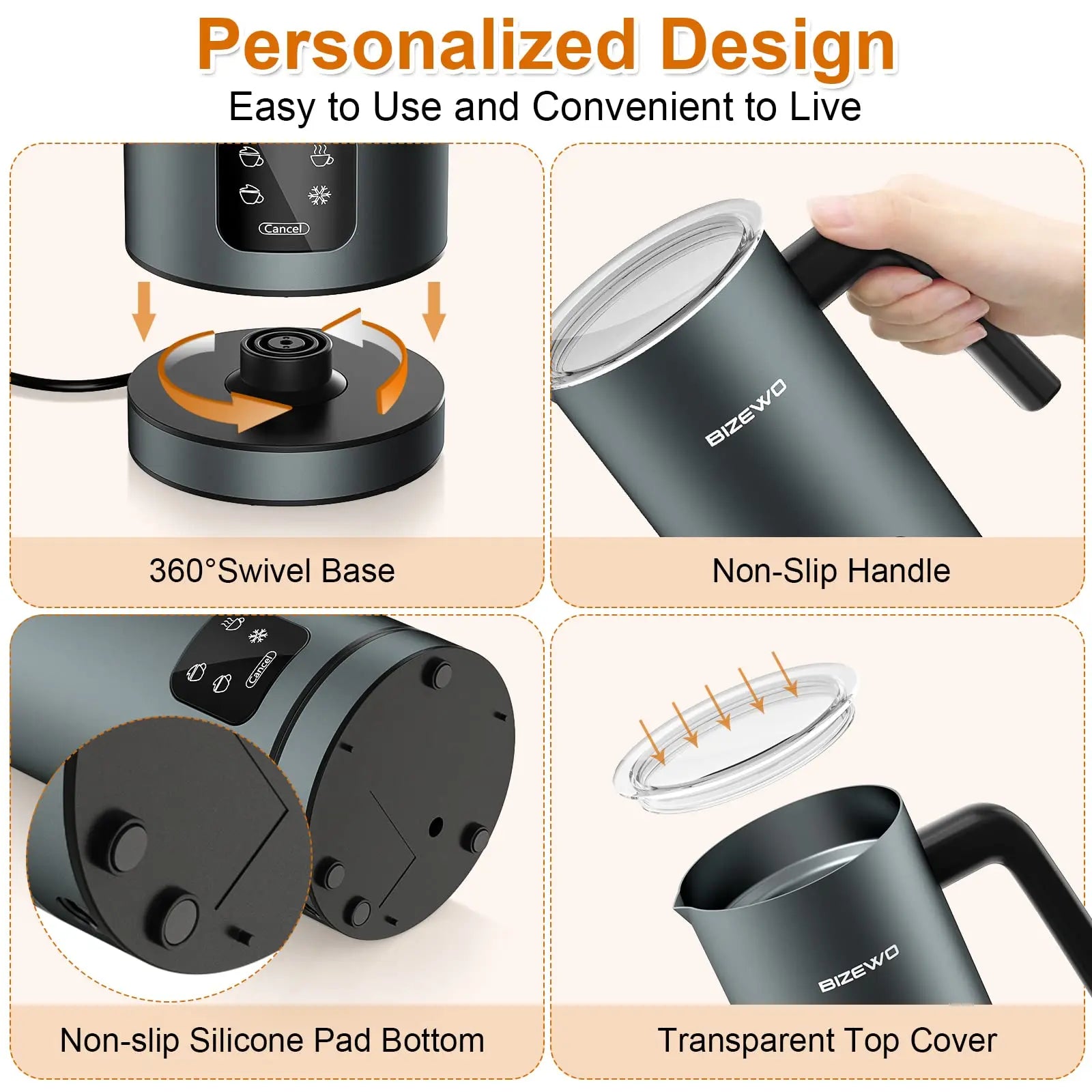 Frother for Coffee, Milk Frother, 4 IN 1 Automatic Warm and Cold Milk Foamer, BIZEWO Stainless Steel Milk Steamer for Latte, Cappuccinos, Macchiato, Hot Chocolate Milk with LED Touch Screen Panel BIZEWO