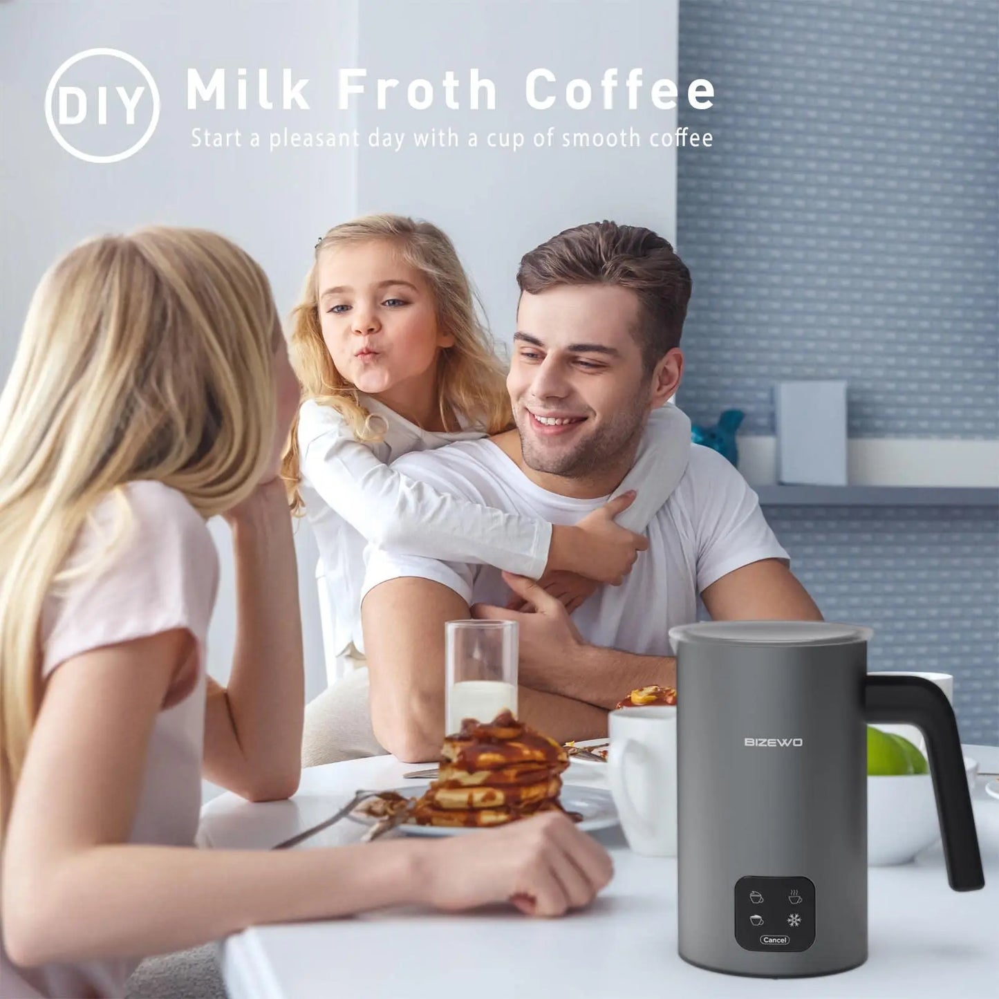 Frother for Coffee, Milk Frother, 4 IN 1 Automatic Warm and Cold Milk Foamer, BIZEWO Stainless Steel Milk Steamer for Latte, Cappuccinos, Macchiato, Hot Chocolate Milk with LED Touch Screen Panel BIZEWO