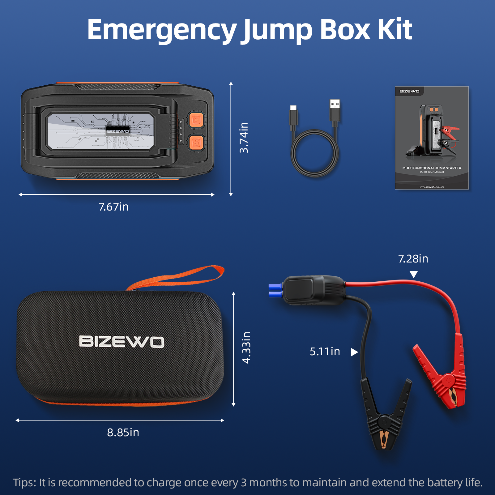 BIZEWO Jump Starter Battery Pack, 60W Quick Charge, 2000A Peak Car Battery Jump Starter Portable for Up to 8.0L Gas or 6.0L Diesel Engines, 12V Car Jump Starter Battery Booster with Foldable LED Light Bizewo