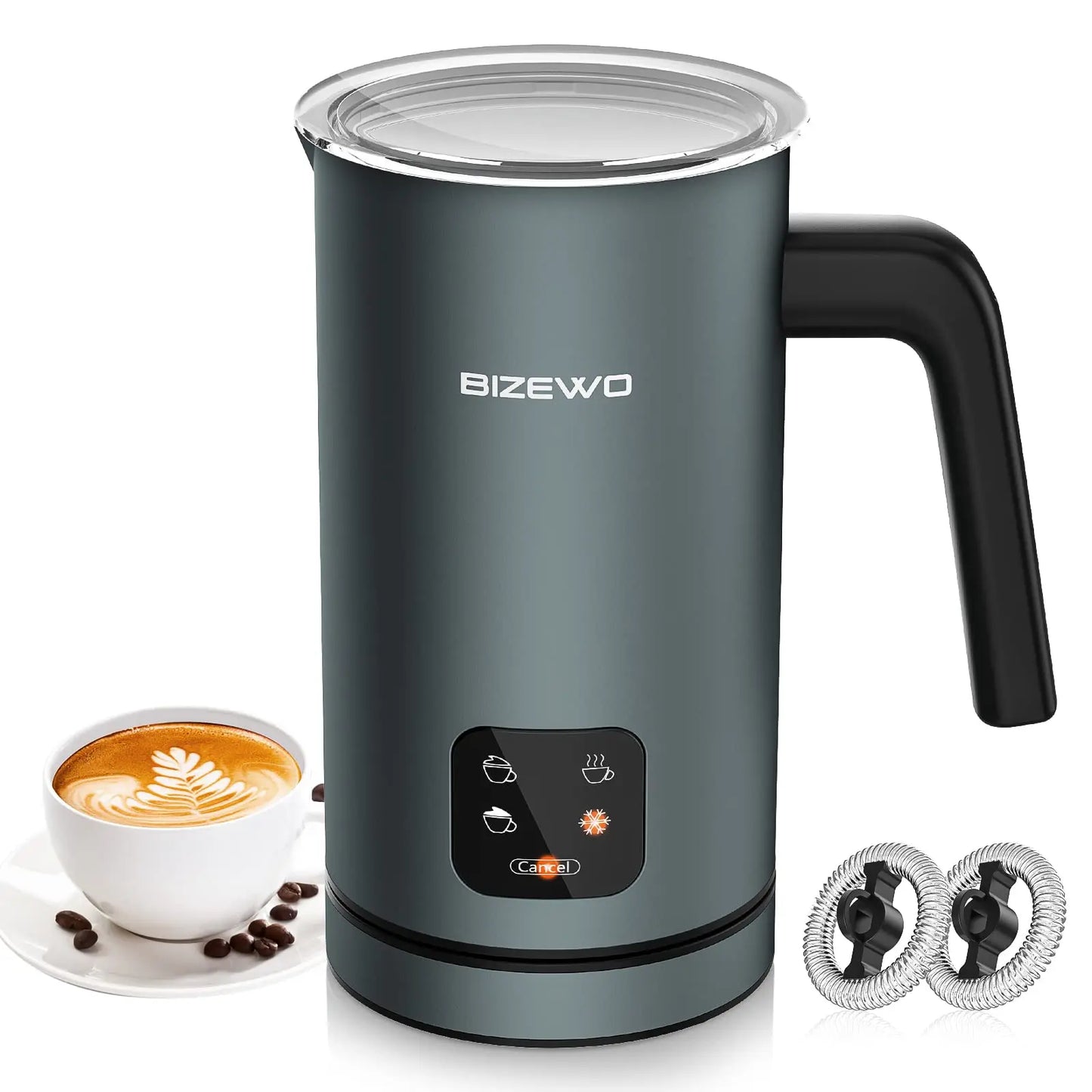 Frother for Coffee, Milk Frother, 4 in 1 Automatic Hot and Cold Foam Maker, Bizewo Stainless Steel Milk Steamer for Latte, Cappuccinos, Macchiato, Hot