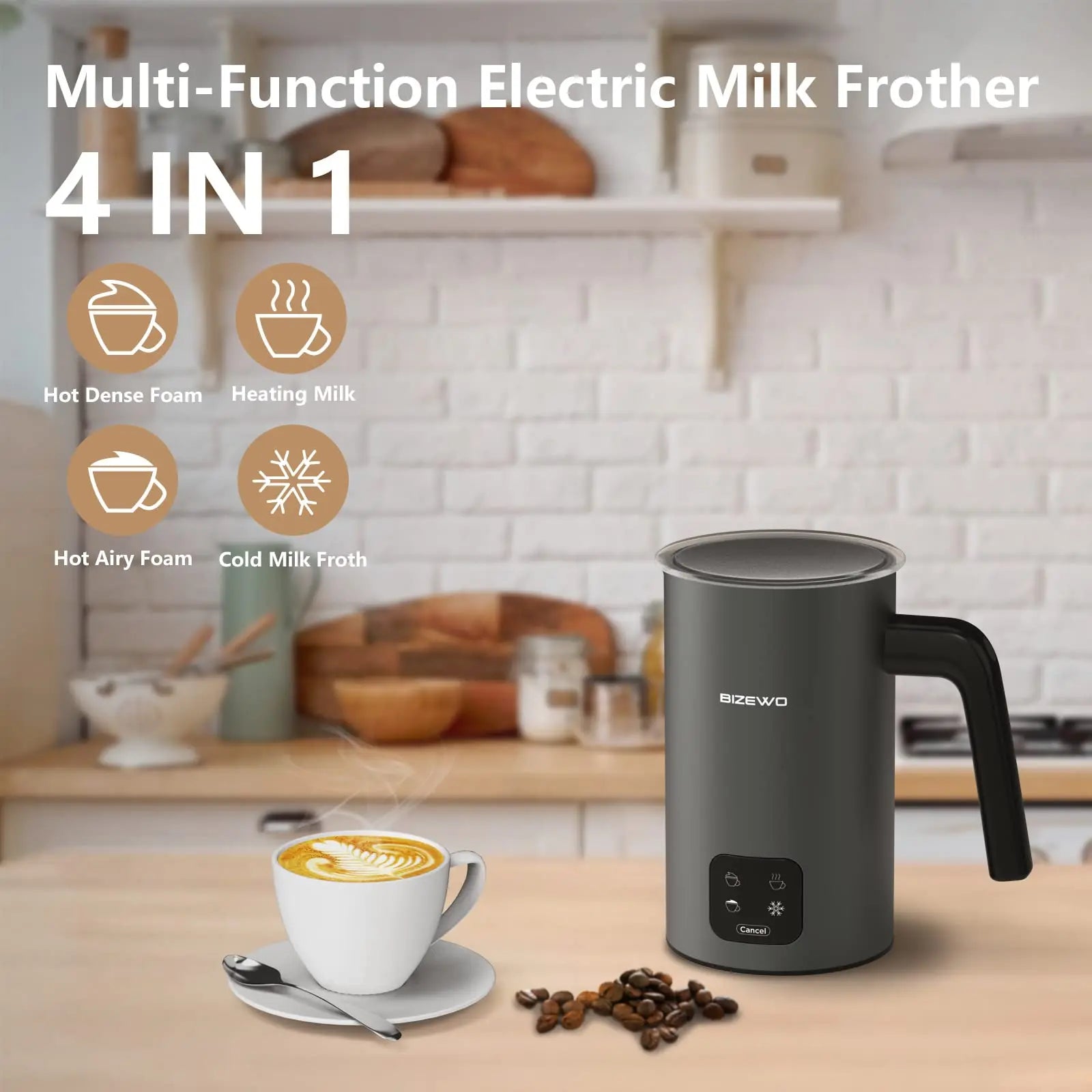 Frother for Coffee, Milk Frother, 4 IN 1 Automatic Warm and Cold Milk Foamer, BIZEWO Stainless Steel Milk Steamer for Latte, Cappuccinos, Macchiato, Hot Chocolate Milk with LED Touch Screen Panel BIZEWO