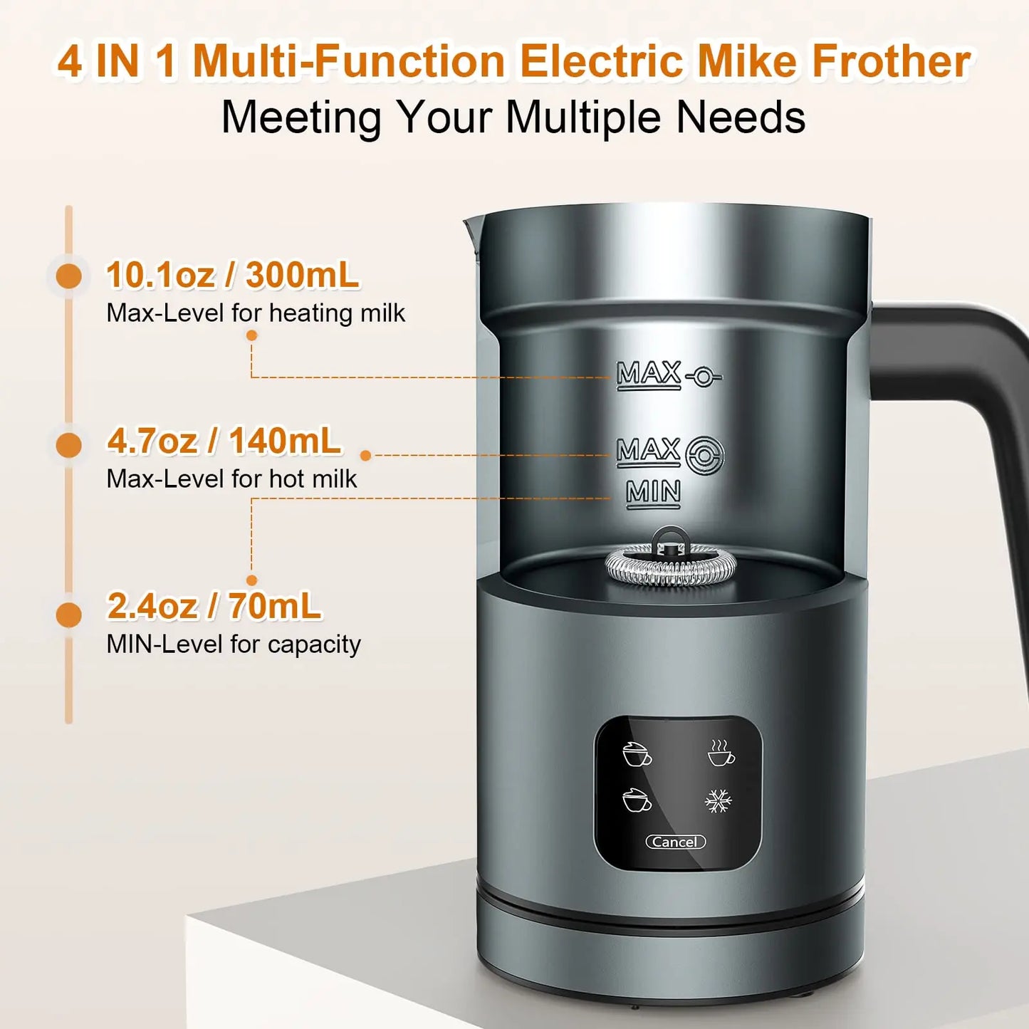 Frother for Coffee, Milk Frother, 4 IN 1 Automatic Warm and Cold Milk Foamer, BIZEWO Stainless Steel Milk Steamer for Latte, Cappuccinos, Macchiato, Hot Chocolate Milk with LED Touch Screen Panel BIZEWO