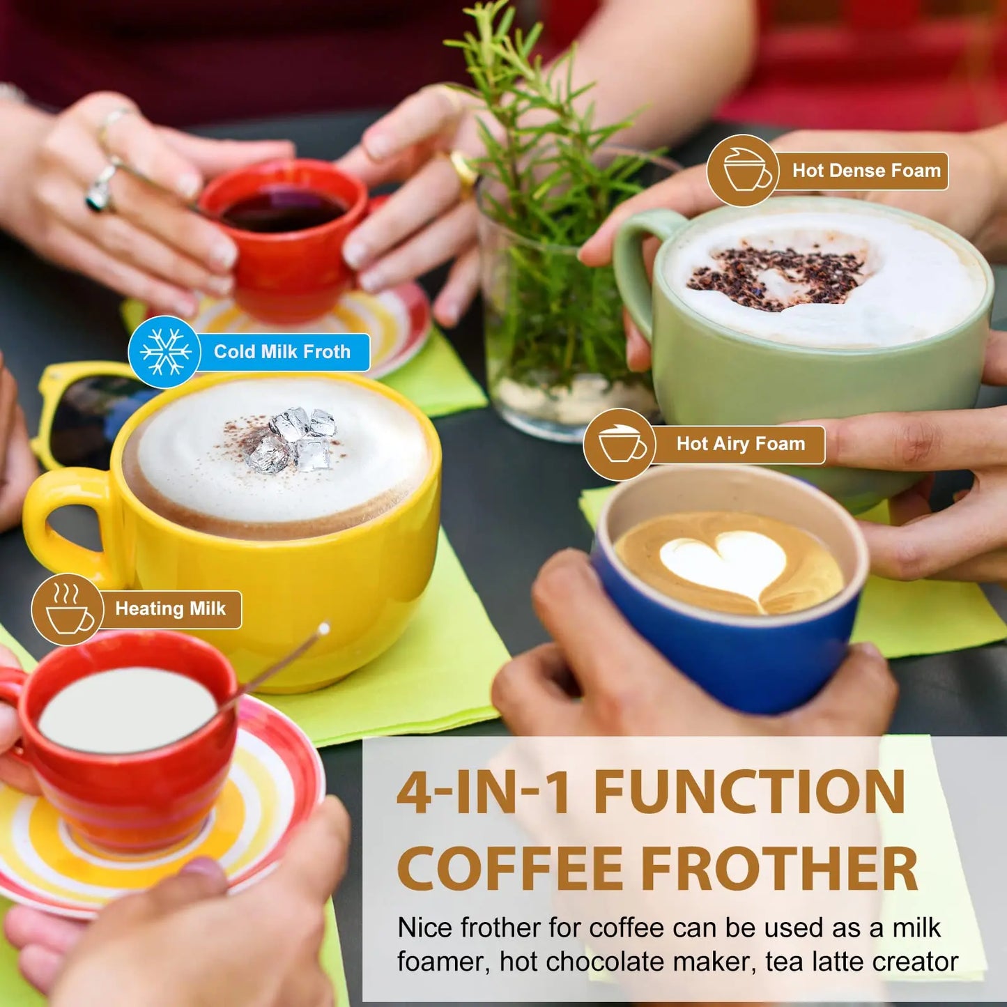 Frother for Coffee, Milk Frother, 4 in 1 Automatic Hot and Cold Foam Maker, Bizewo Stainless Steel Milk Steamer for Latte, Cappuccinos, Macchiato, Hot