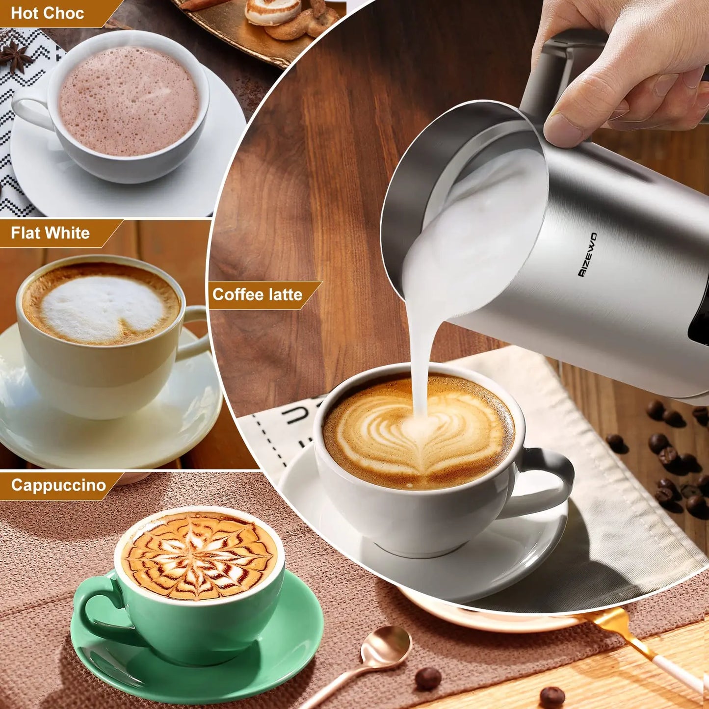 Milk Frother and Steamer, Electric Milk Warmer with Touch Screen, BIZEWO 4 IN 1 Automatic Stainless Steel Steamer for Coffee , Latte, Hot Chocolates BIZEWO